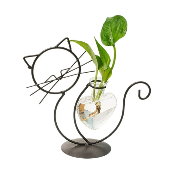 Carton size 22*21*10.5cm About 550g [Black sitting cat with love bottle] Simple cat wrought iron flower pot hydroponic flower arrangement vase
