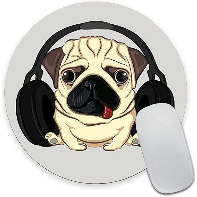 Round Mousepad, Pug in Headphones Mouse Pad, Premium-Textured Small Mouse Mat with Waterproof Non-Slip Rubber Base for Laptop Computer Office Desk Accessories,7.9 x 7.9 inch