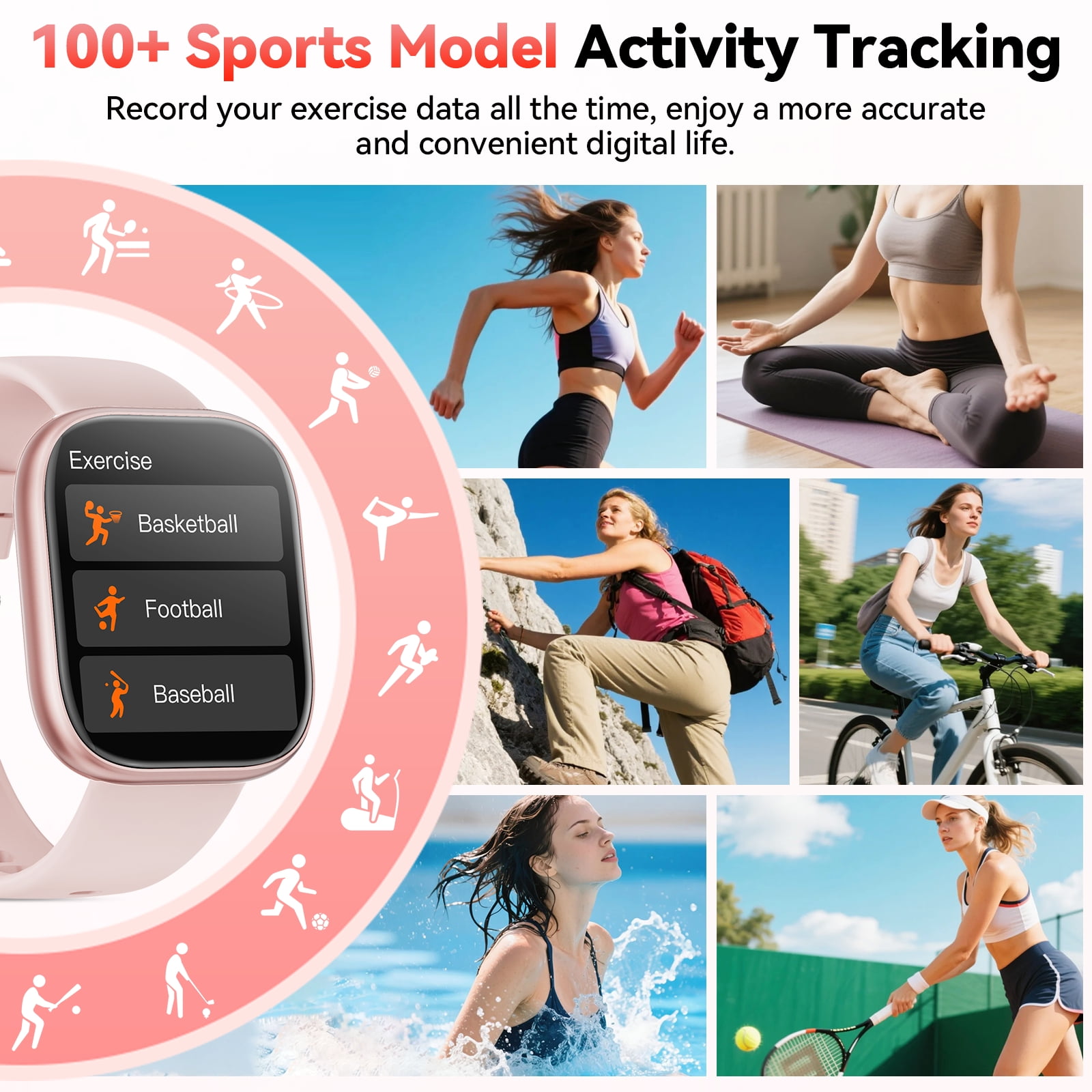 Mingdaln Smart Watches for Women Android iPhone (7 Bands Gift Set), [1.85" AMOLED Screen] Smartwatch Fitness Tracker Ip68 Waterproof with Bluetooth Calls, AI Control, 7 Days Battery，Pink