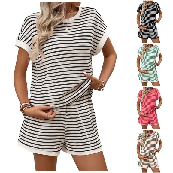 Bloomae Womens Summer 2 Piece Sets Striped Short Sleeve Crew Neck Basic Athletic T Shirts and Shorts Loose Comfy Loungewear Matching Outfit Set Hot Pink L