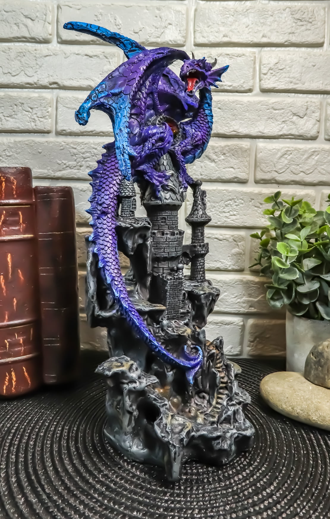Ebros Hyperion Gemstone Midnight Dragon Protecting Stone Castle Figurine 11.75"H