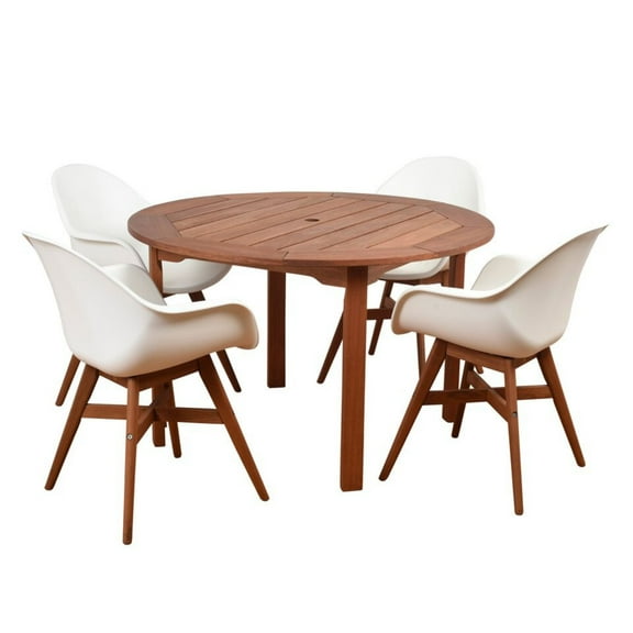 Outdoor Living and Style 5-Piece Brown and White Charlotte Eucalyptus Round Patio Dining Set 47"