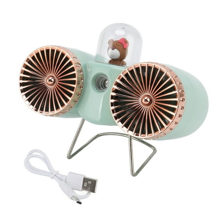

USB Desk Fan Dual Blade Bear Design 3 Speeds Strong Wind USB Charging Night Light Table Fan for Home Office Dormitory Green