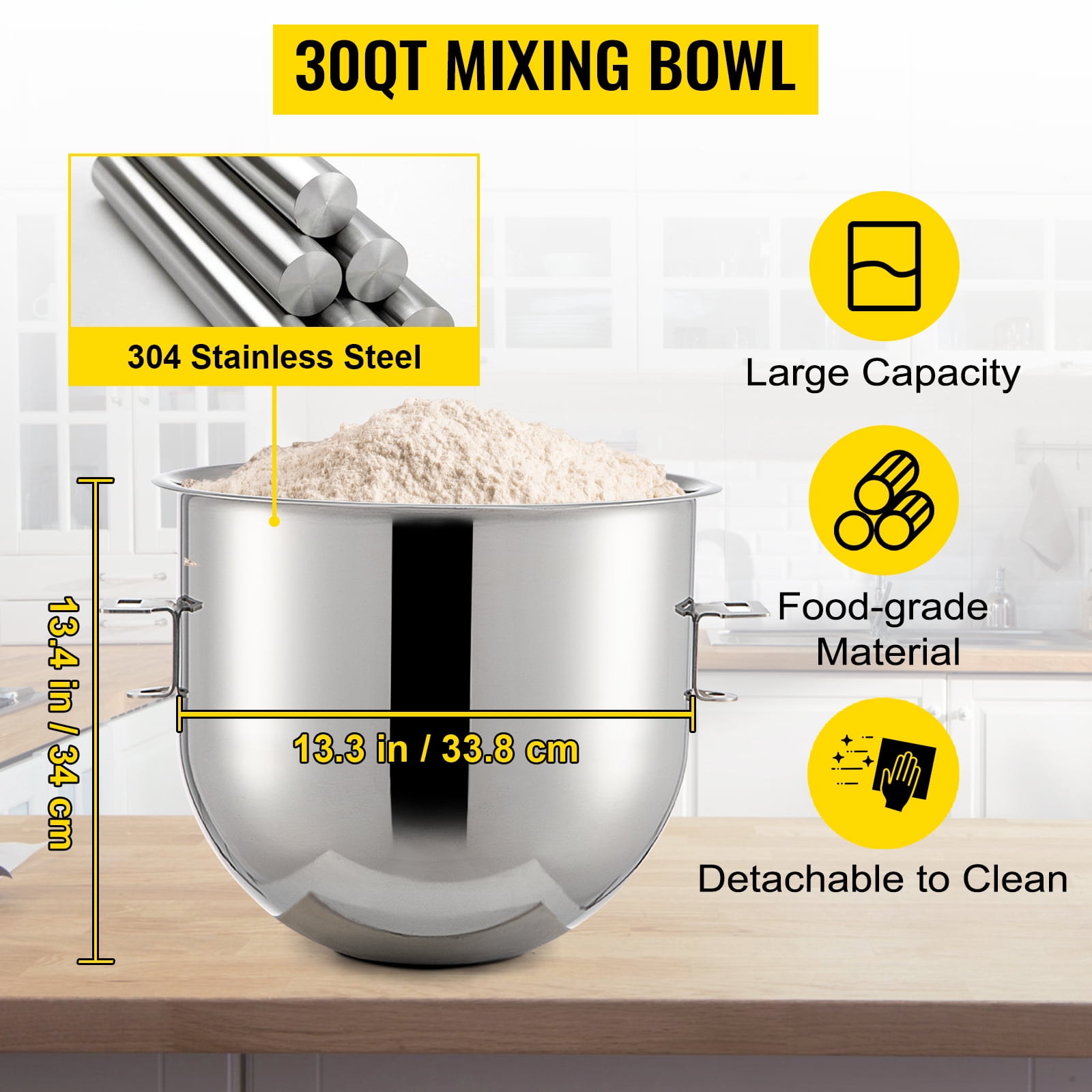 BENTISM Commercial Electric 30 qt Stand Mixer, White with Flat Beater, Dough Hook, Wire Whip