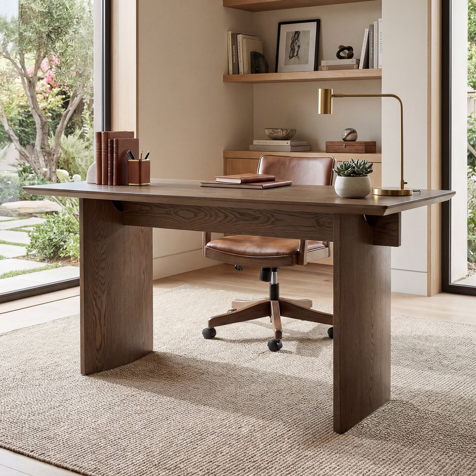 Guyou 55" Natural Oak Desk, Light Wood Finish MDF Study Table, Versatile Vanity & Office Desk with Sculptural Legs, Sturdy Two-Pedestal Design for Work & Study, Walnut