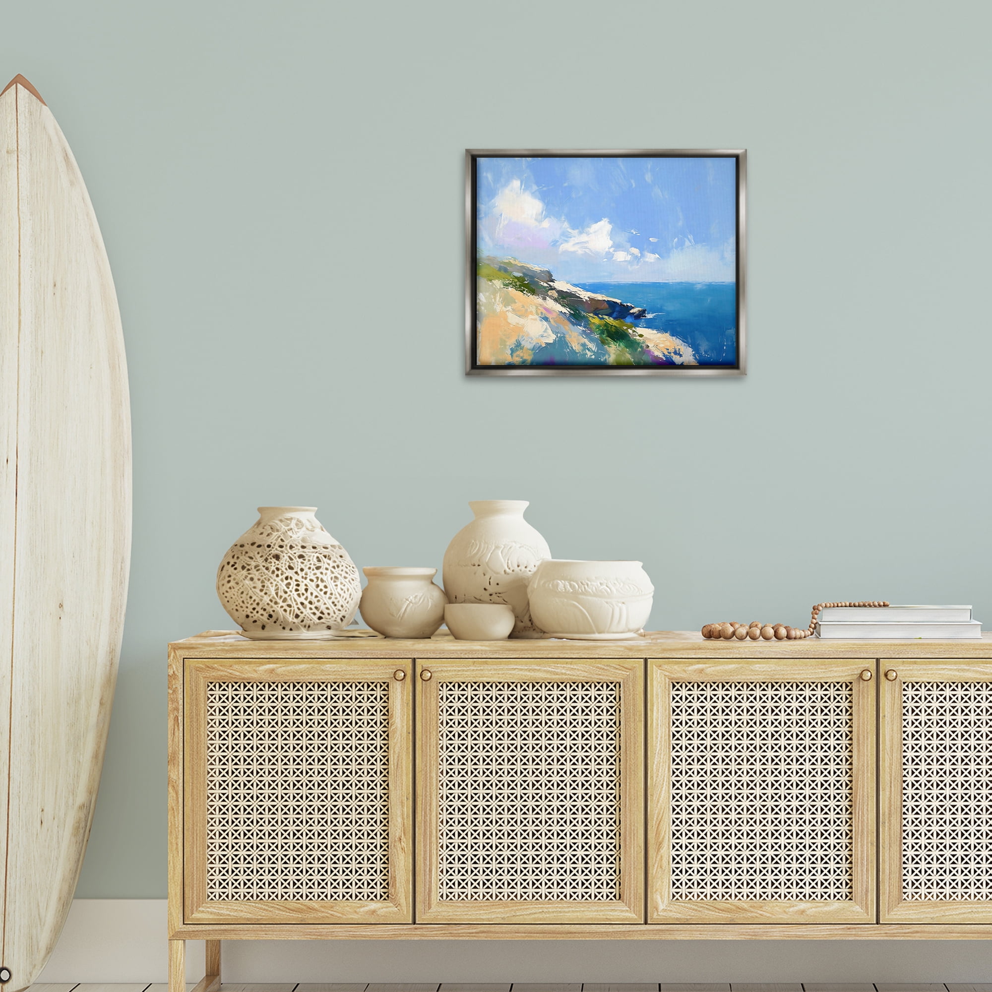 Stupell Industries Rugged Coastline Landscape Coastal Painting Gray Floater Framed Canvas Art Print Wall Art, 21 x 17