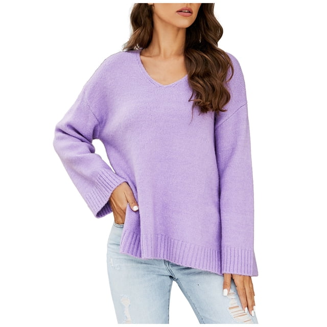 Timegard Sweaters for Women Fall Winter Casual Loose Drop Shoulder V Neck Long Sleeve Knit Pullover
