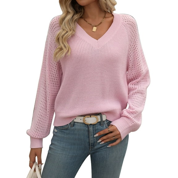 Sweaters for Women 2024 Fall Long Sleeve Hollow V-Neck Knit Shirts Sweater Sweatshirts Loose Pullover Jumper Outerwear Tops Comfy (Pink,Medium)