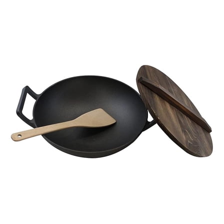 Cast Iron， Pre-Seasoned Wok 14.5" with Wood Spatula and Lid