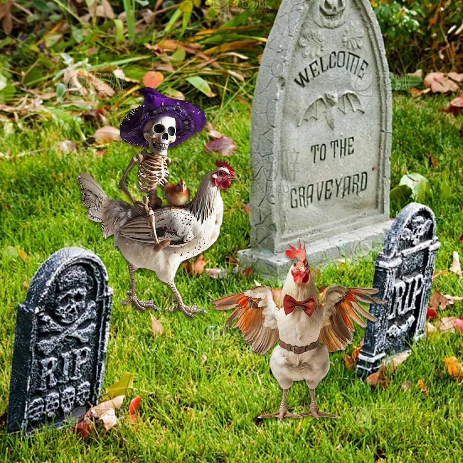 2-Piece Metal Chicken Skeleton Halloween Decor – 2D Rooster Yard Art with Stakes, Realistic Farm Animal Ornament for Outdoor Garden, Lawn, and Yard Display