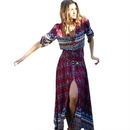 - Women Boho Long Maxi Dress Summer Evening Cocktail Party Beach Sundress Kaftan Floral