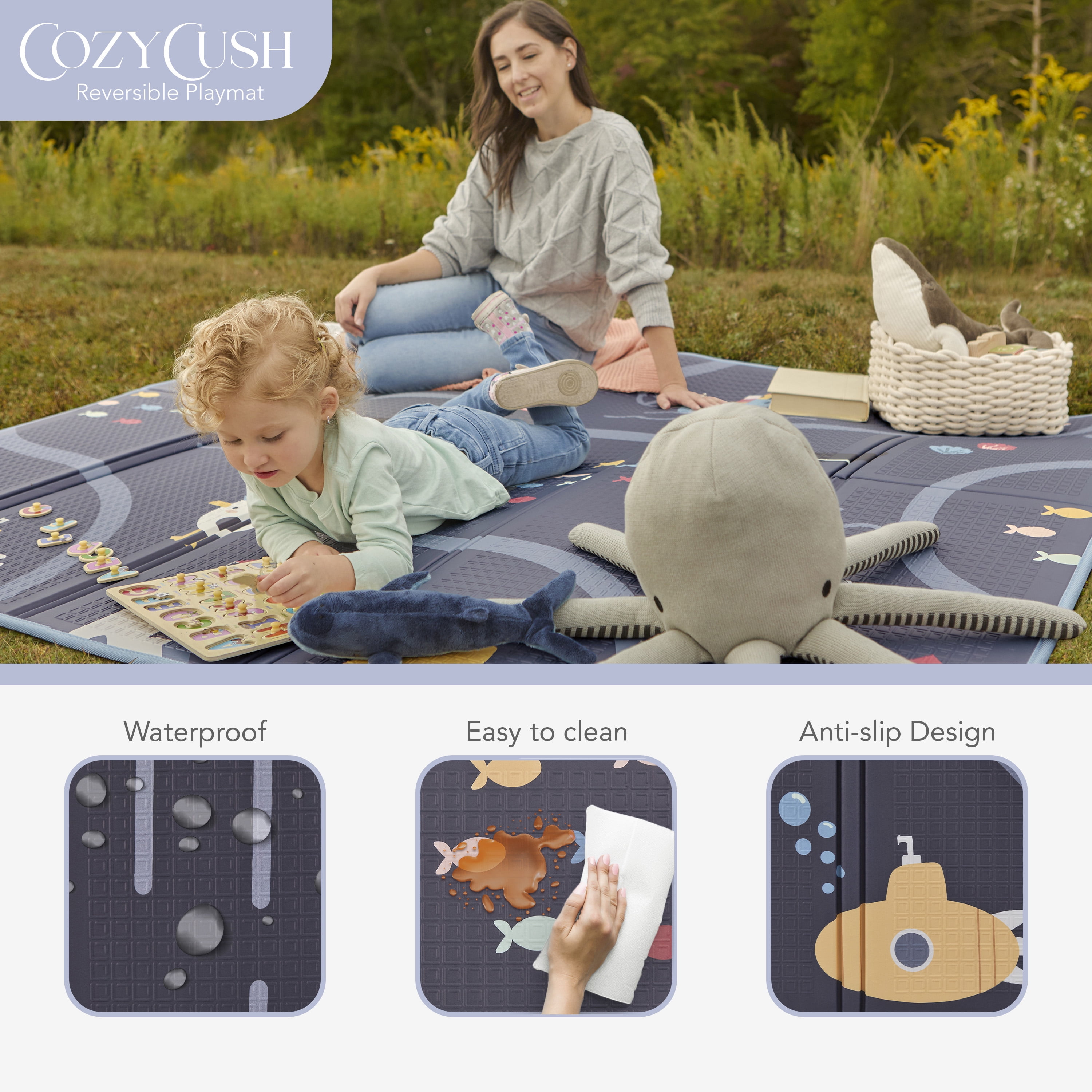 Evolur CozyCush Reversible Non-Toxic Baby Kids Playmat, Ocean