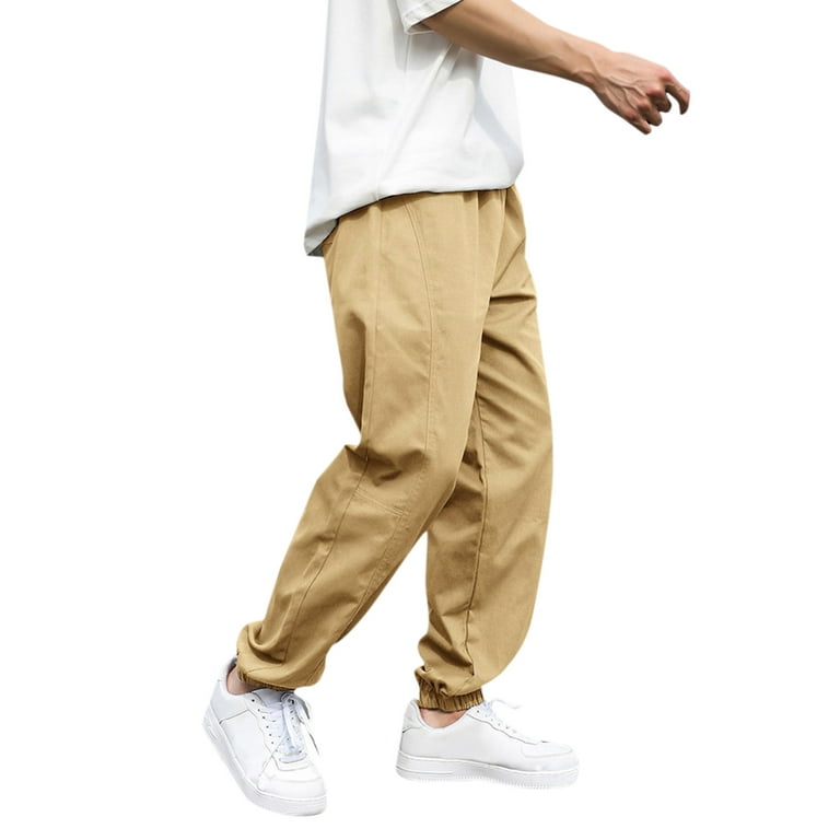B91xZ Dress Pants for Men Male Casual Solid Loose Pants Elastic Waist  Pocket Splice Pant Trousers Khaki,Size M