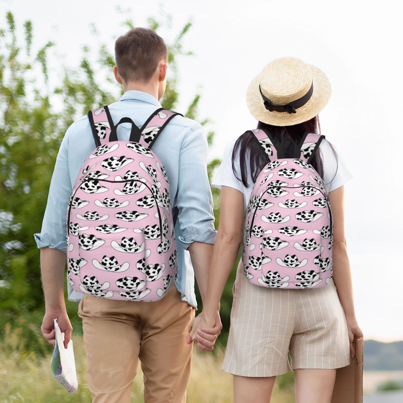 Travel Laptop Backpack - Cartoon Cow Print Cowboy Hat Lightweight Canvas Backpack, Wear Resistant Computer Backpack Bag Fit {sizeName} Laptop for Men Women with Adjustable Padded Shoulder Straps