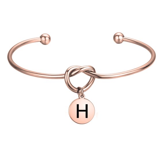 Love Knot with Round Disc Engraved Initial Bangle Bracelet,Bridesmaid Gift,Personalized Gift for Women Girl Bridesmaid Jewelry(H)