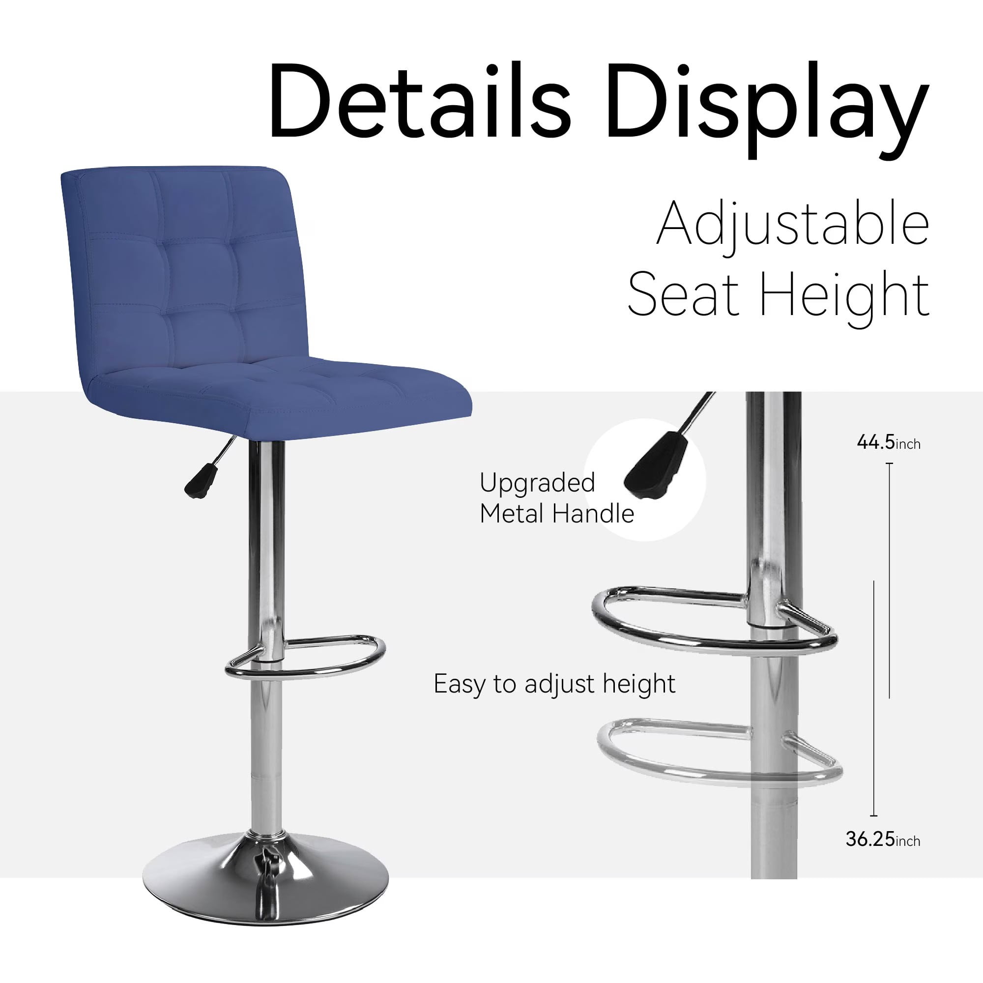 Aukfa Bar Stools Set of 2, Counter Height Adjustable PU Leather Swivel Bar Chairs with Back and Footrest for Kitchen and Dining Room, Blue