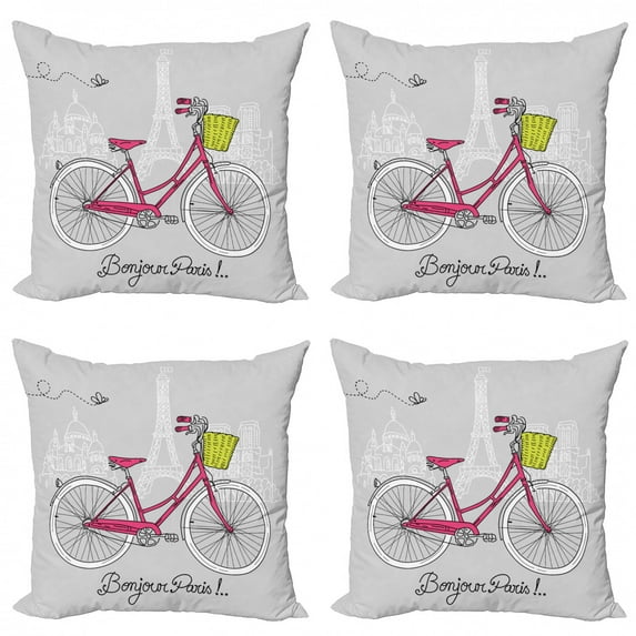 Eiffel Tower Throw Pillow Cushion Case Pack of 4, Bonjour Paris Cartoon Design of a Bicycle, Modern Accent Double-Sided Print, 4 Sizes, Pale Grey Hot Pink, by Ambesonne