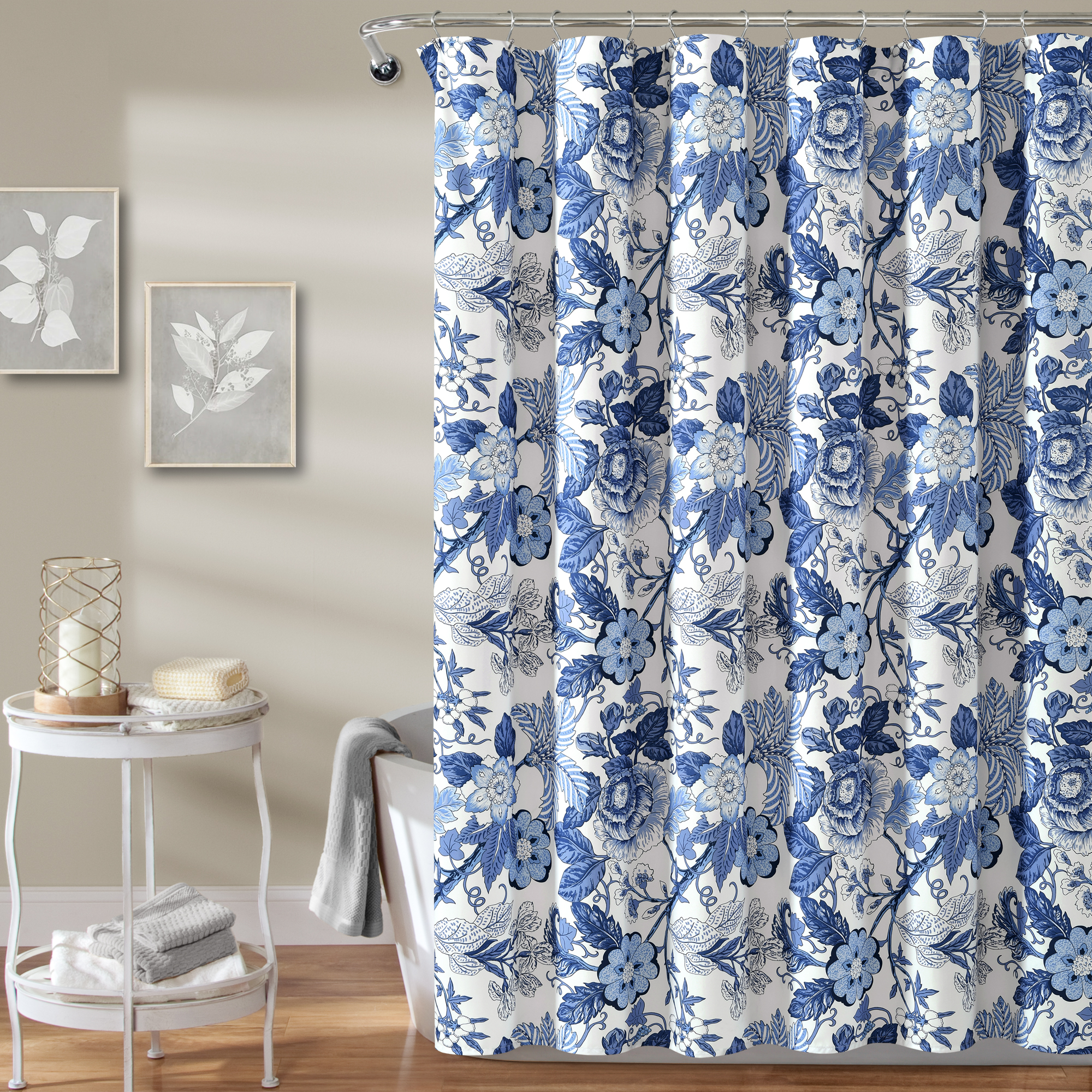 Lush Decor Sydney Floral Polyester Shower Curtain, 72x72, Navy/White