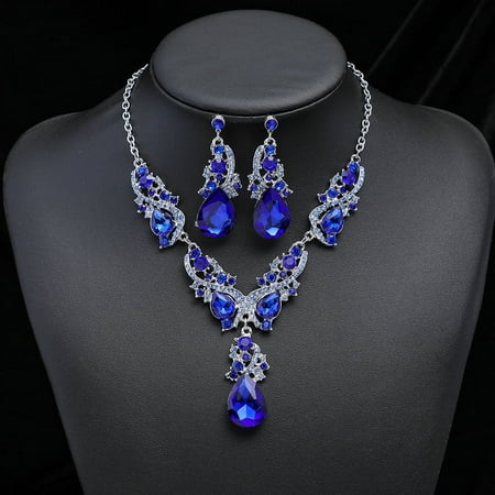 Nvzi-c Rhinestone Bridal Jewelry Sets for Women Crystal Necklace Earrings Jewelry Sets for Wedding Bridal Bridesmaid Gifts Evening Party Prom Jewelry Set-Blue