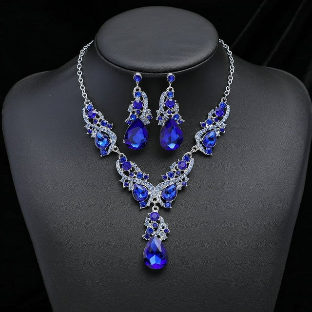 Nvzi Conjuntos de joyas de novia con diamantes de imitación, collar de cristal, pendientes, conjuntos de joyas para bodas,fiesta de noche, conjunto de joyas de graduación, azul