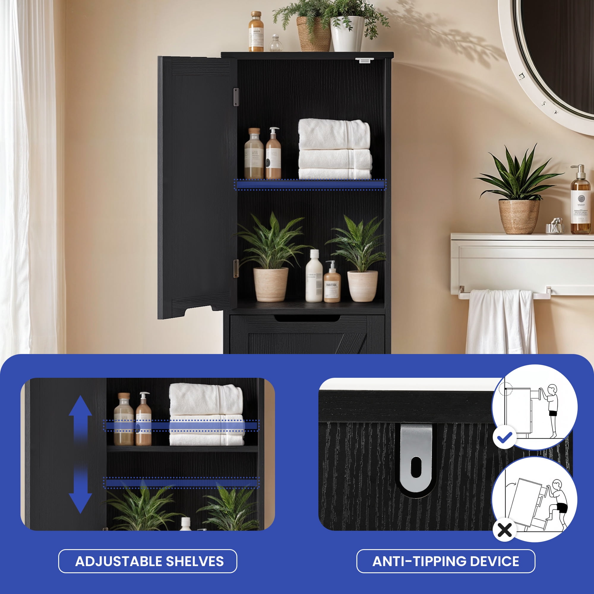 ModFusion Laundry Cabinet Tilt Out Laundry Hamper with Removable Laundry Basket and 3 Shleves,Black
