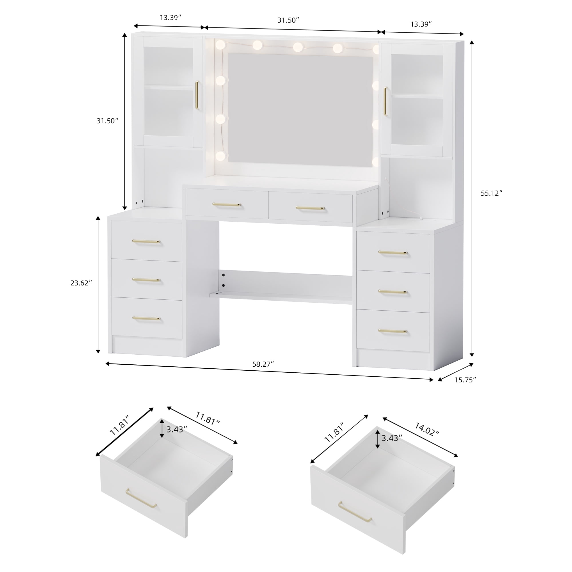 UGTOO White Modern Vanity Set – 8-Drawer Dresser with LED Mirror & Charging Station (58.27"L x 15.75"W)