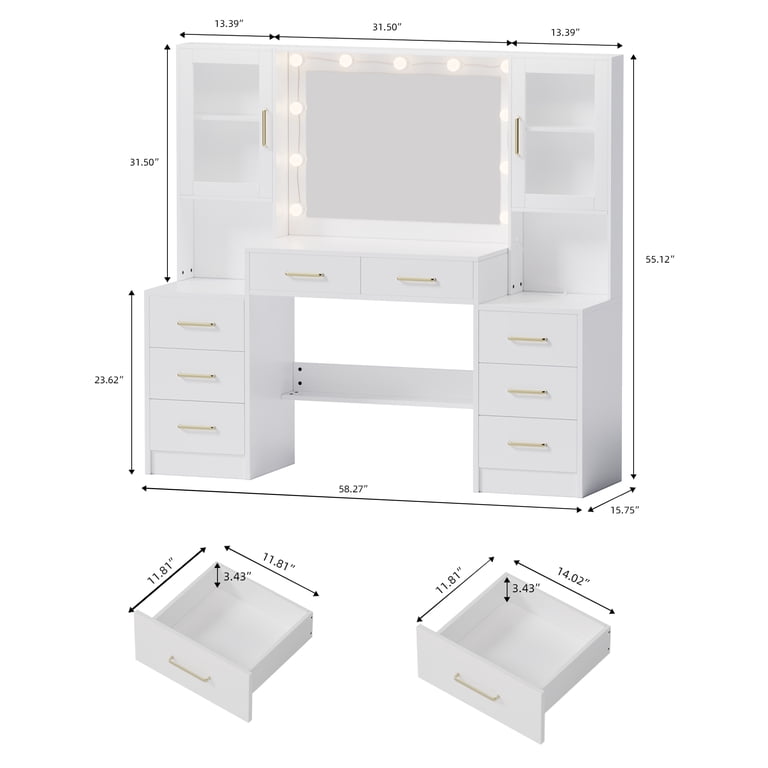 modern dressing table dimensions FUFU&GAGA White Modern Makeup Vanity Desk 9 Drawers Wood Dressing Table With 3 Mirrors, Hidden Storage Shelves, LED Lighted
