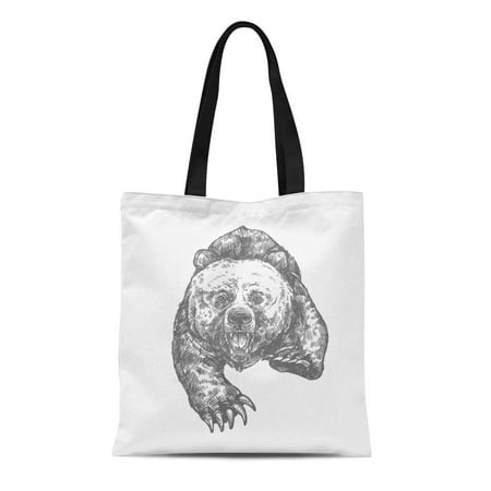 ASHLEIGH Canvas Bag Resuable Tote Grocery Shopping Bags Bear Attack Sketch of Aggressive Grizzly Roaring and Attacking Open Tote Bag