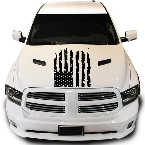 Distressed American USA US Flag Hood Vinyl Decal fits Most Pickup Trucks SUV Jeep Sedan EUA Flag Graphic Car Sticker (23" x 36", Black)