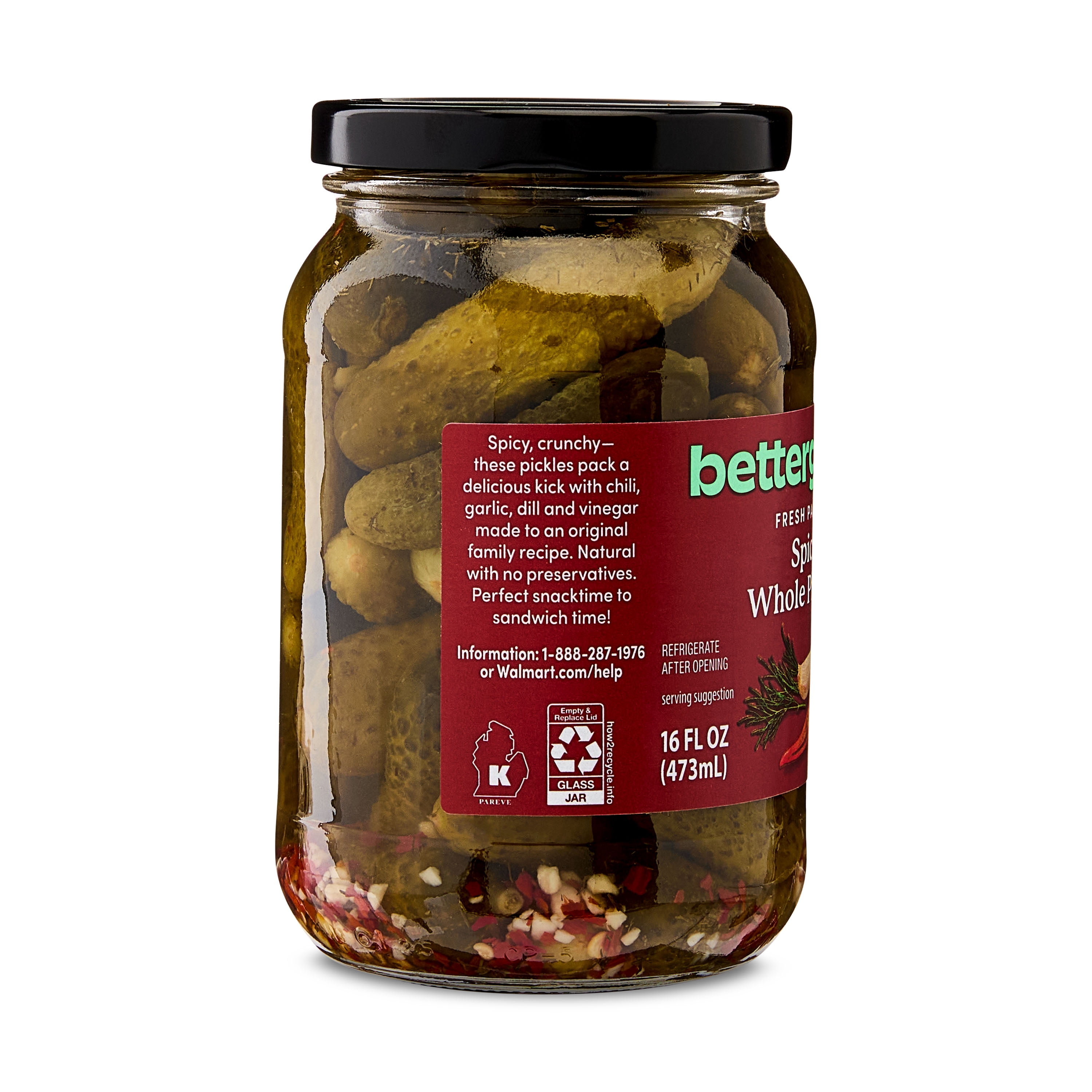 bettergoods Spicy Whole Pickles, 16 fl oz Jar