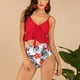 thumbnail image 5 of Traje de baño de dos piezas para mujer, dobladillo con volantes, lazo frontal, pantalones cortos de cintura alta, traje de baño elegante, rojo, 2XL, 5 of 8