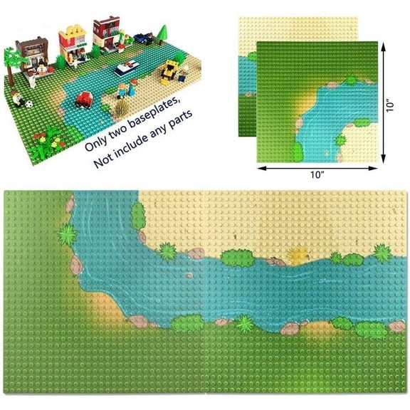 Grassland Rivers Pattern Baseplate 10" x 10" - Building Brick Base Plate Perfect Combination with Major Brands,for City Roads Building Blocks Kids Toy (1 Straight 1 Curve)