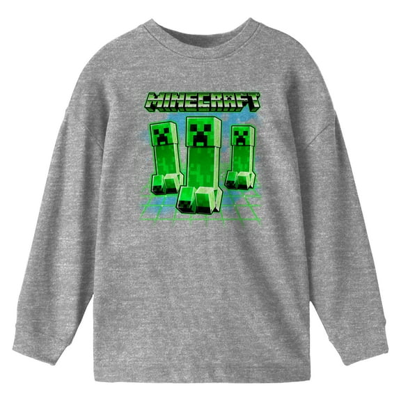 Minecraft Creeper Trip Boy's Athletic Heather Long Sleeve Shirt-Medium