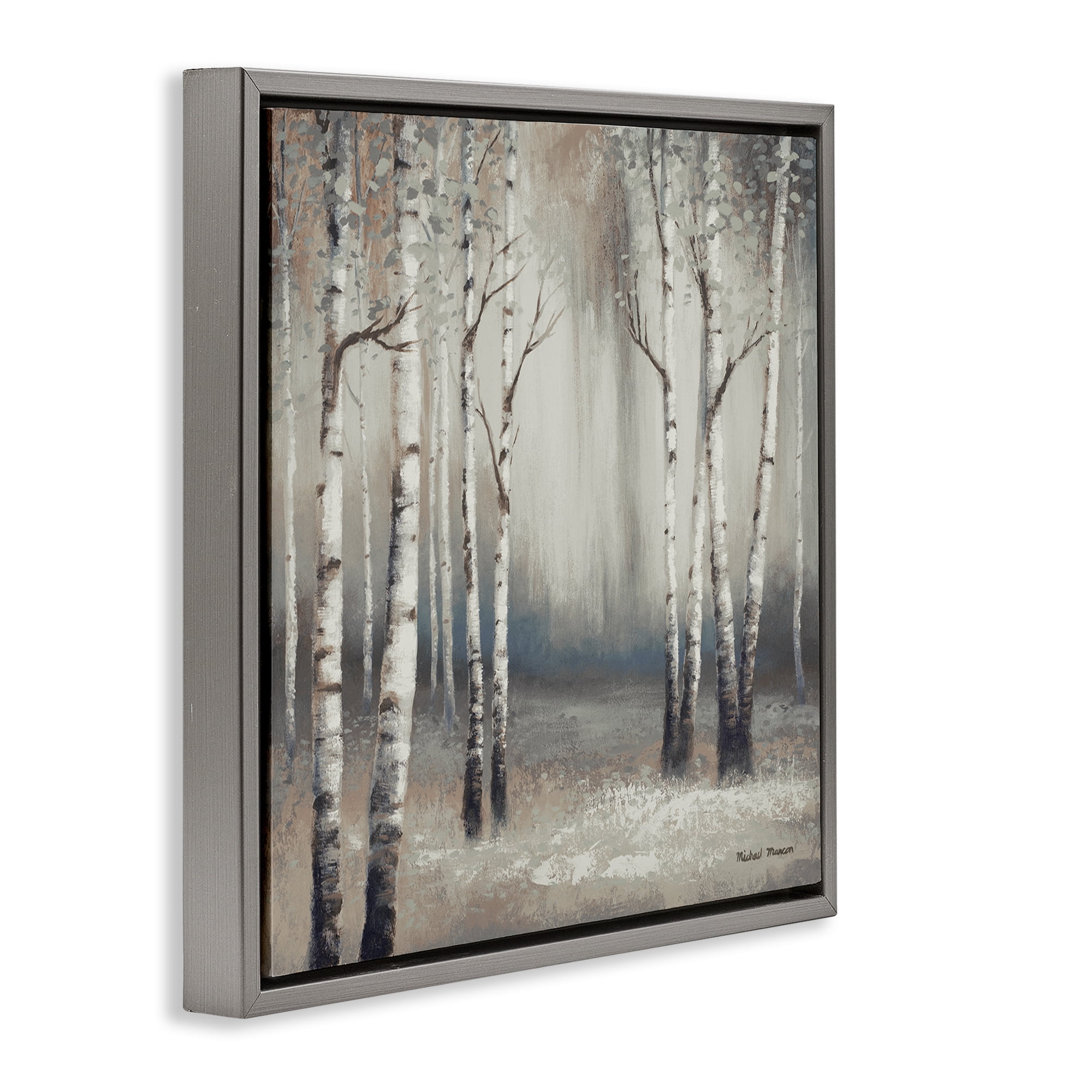 Misty Birch Tree Forest Landscape Gray Floating Frame Canvas Art, 18 x 18