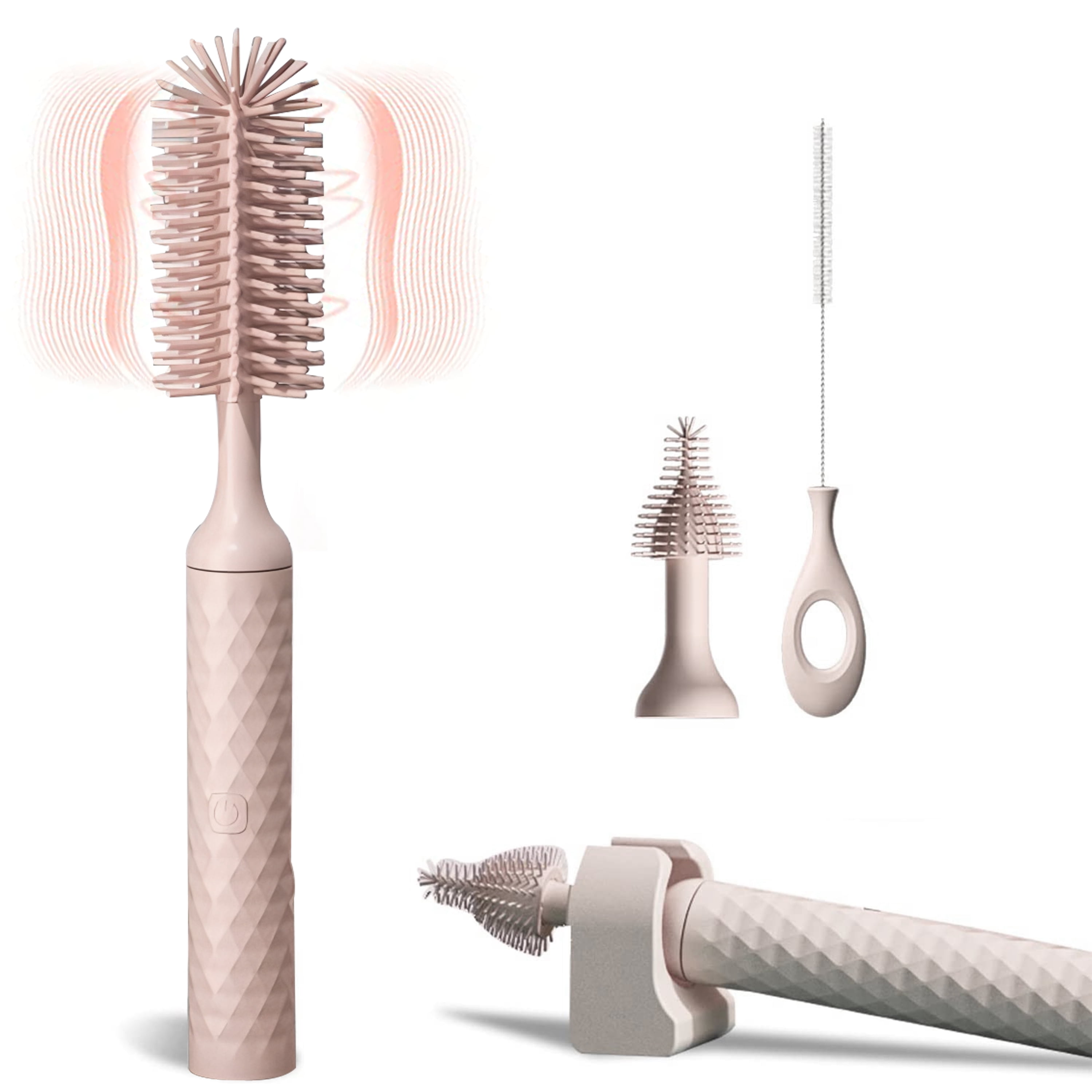 Baby Bottle Brushes,with Clip and Replaceable Silica Gel Brush Head,Rechargeable 360° Bottle Cleaning Brush,Pink