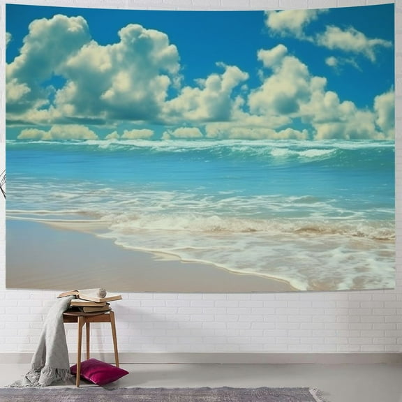Creowell Beach Waves Tapestry Wall Hanging Blue Sky Coulds Nature Tapestry Tropical Ocean Sea Seashore Coast Wall Tapestries 40x30inch