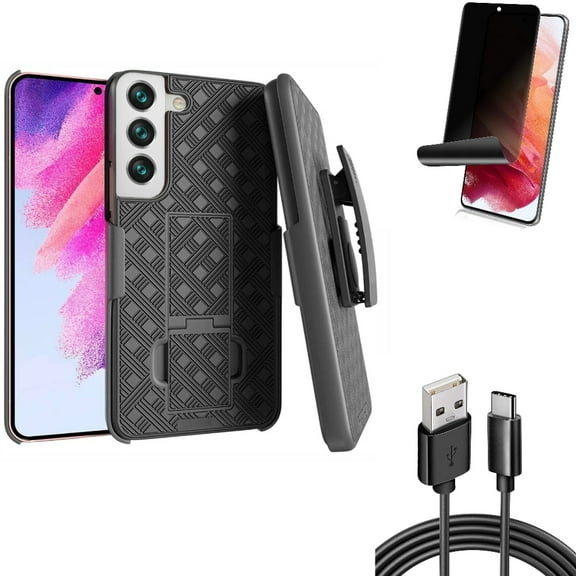 Case Belt Clip & 6ft USB Cable & Privacy Screen Protector for Samsung Galaxy S22 (6.1") - Holster Swivel & Type-C Charger Cord & TPU Film Fingerprint Works Accessory Bundle