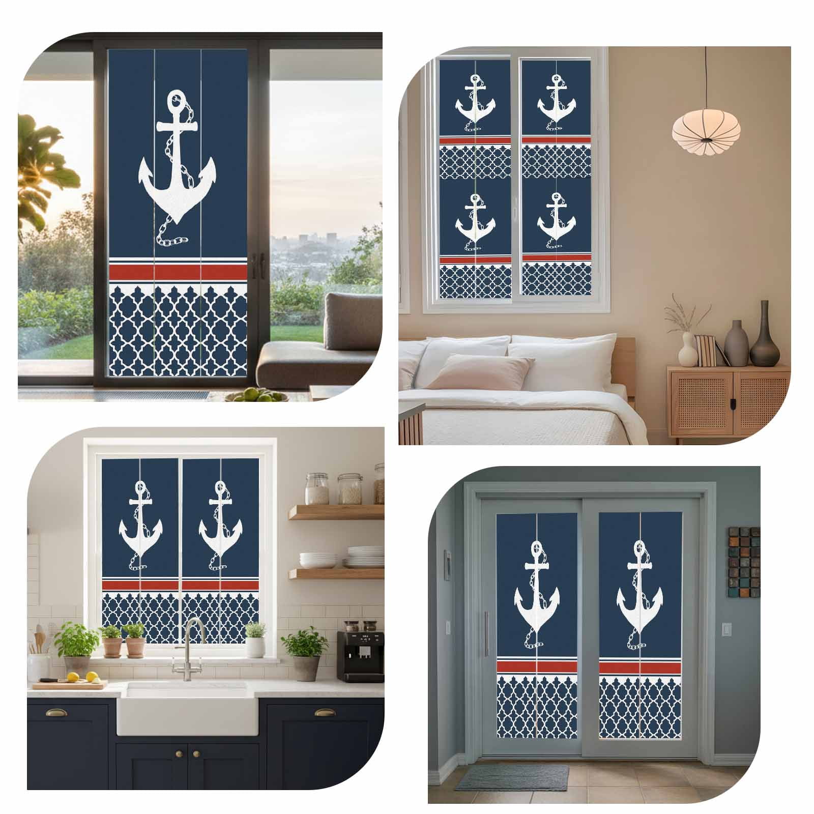 Nautical Anchorage Window Privacy Film, Nautical Anchor Red Stripe Plaid Navy Blue Frosted Glass Window Clings Static Cling UV Heat Blocking Reusable Door Sticker for Bathroom 23.6 x 59 Inch