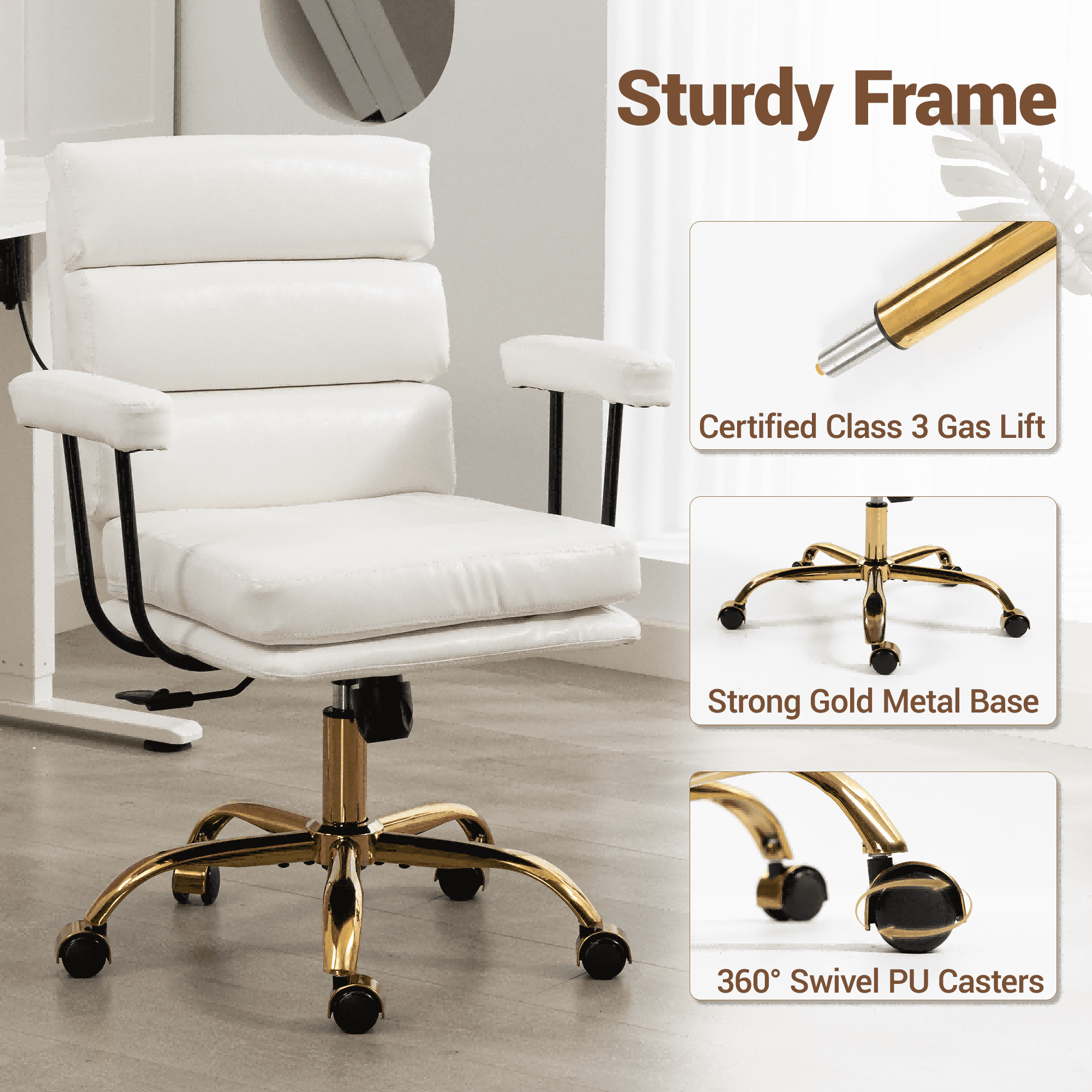WENTUM Office Chair,Mid Back Home Office Desk Task Chair, Ergonomic PU Leather Computer Rolling Swivel Chair with Padded Armrest, White