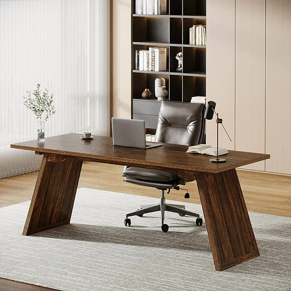 Finmind Large Computer Desk, 70.87-Inch Office Executive Desk with Slanted Legs, Modern Simple Study Writing Table for Home Office, Rustic Brown
