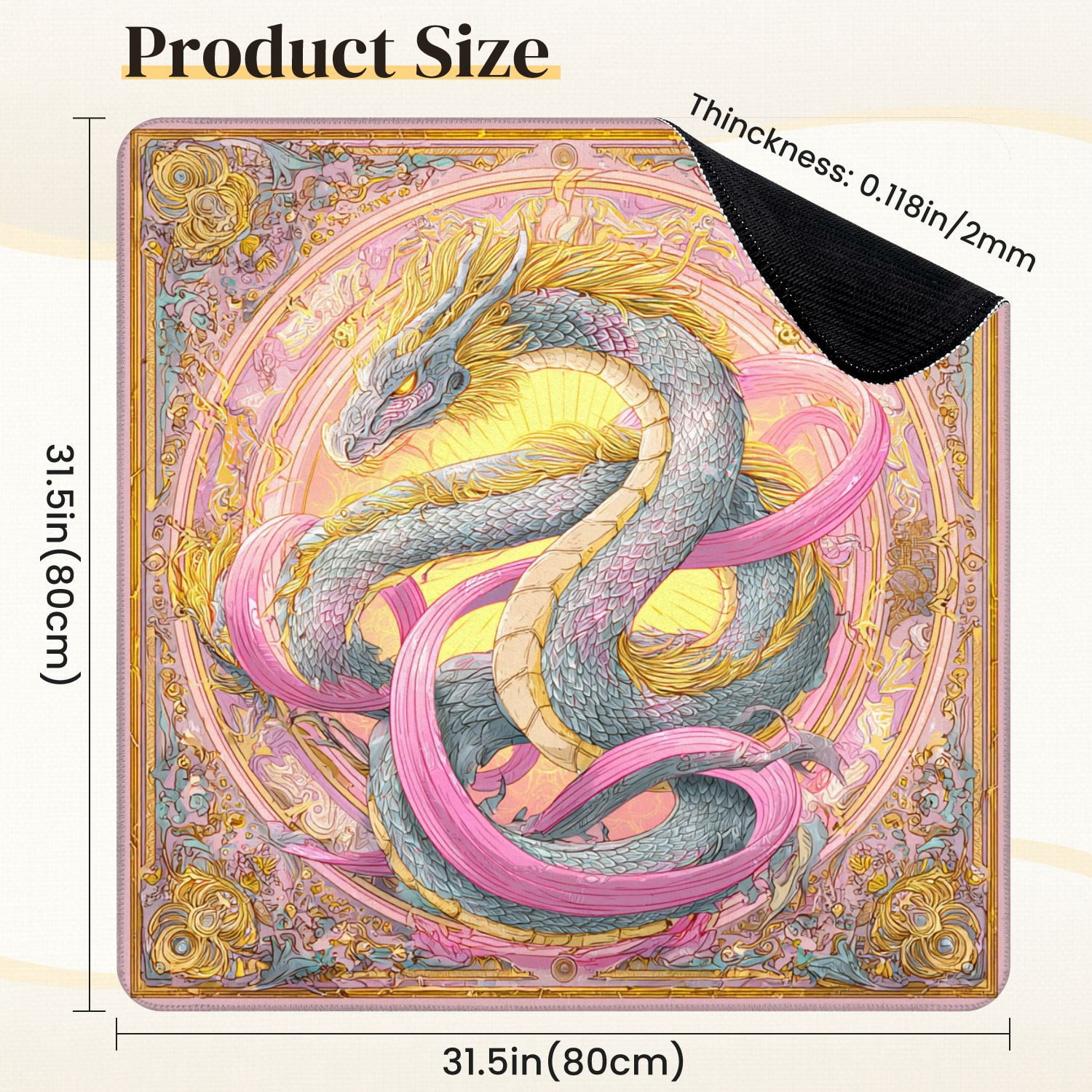 Chinoiserie Mahjong Mat 31.5" x 31.5" Symmetrical Dragon Artwork Gold Filigree Flowing Ribbons Non-Slip Noise Reduction Mahjong Tiles Table Cover for Dominoes Poker Card Board and Tile Games