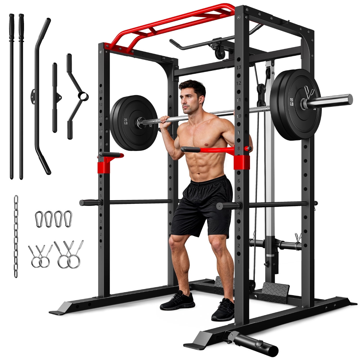 Forgemus Squat Rack for Home Gym,2000lbs Power Rack Squat Machine with LAT Pulldown and More Training Attachments,Weight Rack with Adjustable Pulley System for Full Body Workout,Black