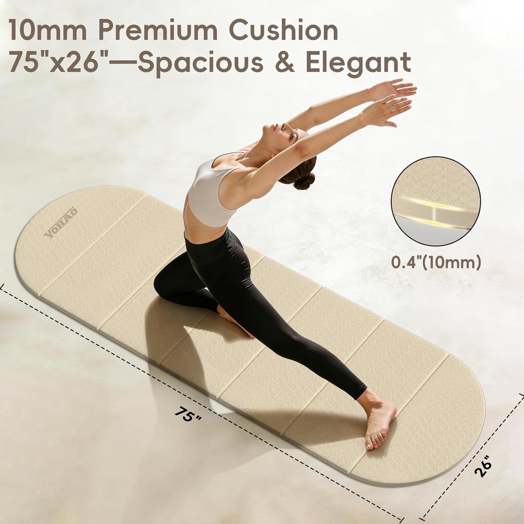 YOHAO Yoga Mat Thick,10mm Foldable Exercise Mats For Home and Travel,Rounded Folds,Quick Unfold Or Storage,Flat Lay No Curl Design(White+Green)