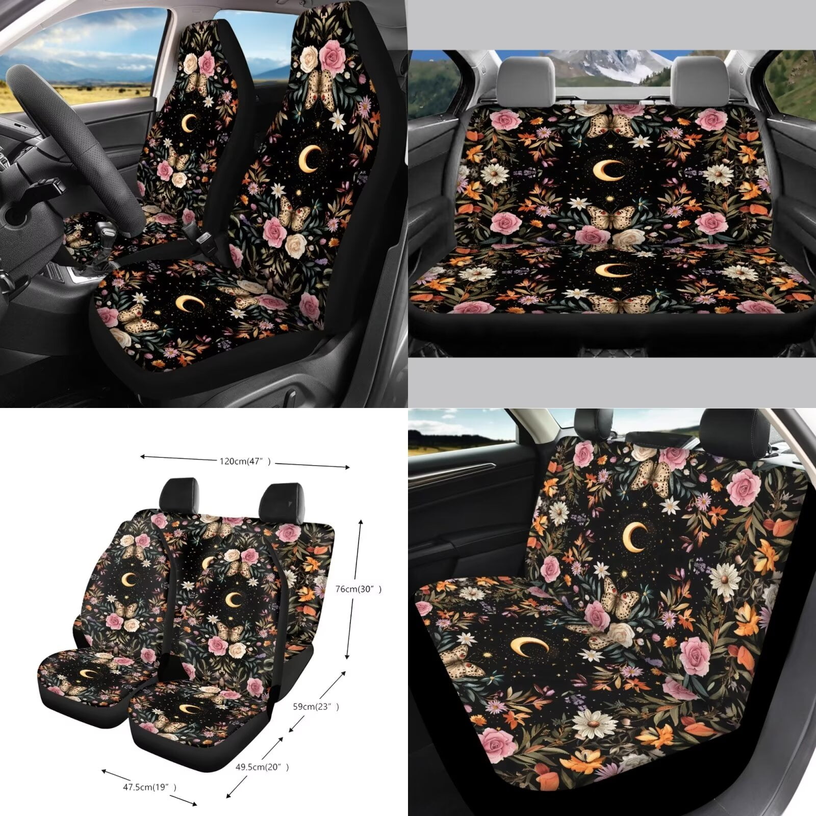 KUIFORTI Butterfly Car Seat Covers Full Set for Women Floral Steering Wheel Cover+Seat Belt Cover Pad+Trash Bag+Rearview Mirror Cover+Coasters+Car Vent Storage Organizer+Key Chain