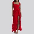 thumbnail image 3 of Vestido largo sin mangas sexy con abertura alta y volantes para mujer, color liso, poliéster y spandex, XS-L-XL, 3 of 5