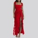 thumbnail image 3 of Vestido largo sin mangas sexy con abertura alta y volantes para mujer, color liso, poliéster y spandex, XS-L-XL, 3 of 5