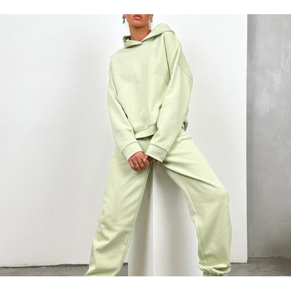 Women's Athletic Outfit Set Fleece Hooded Sweatshirt Trousers Warm Two Piece Casual Wear