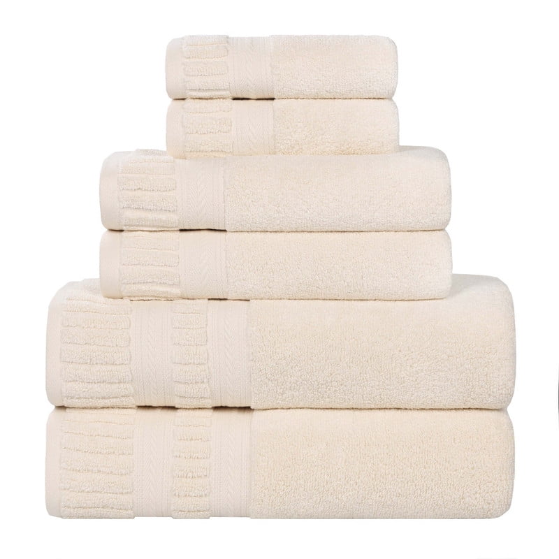Superior Venice Ribbed Textured Border Zero Twist 6 Piece Towel Set, Ivory