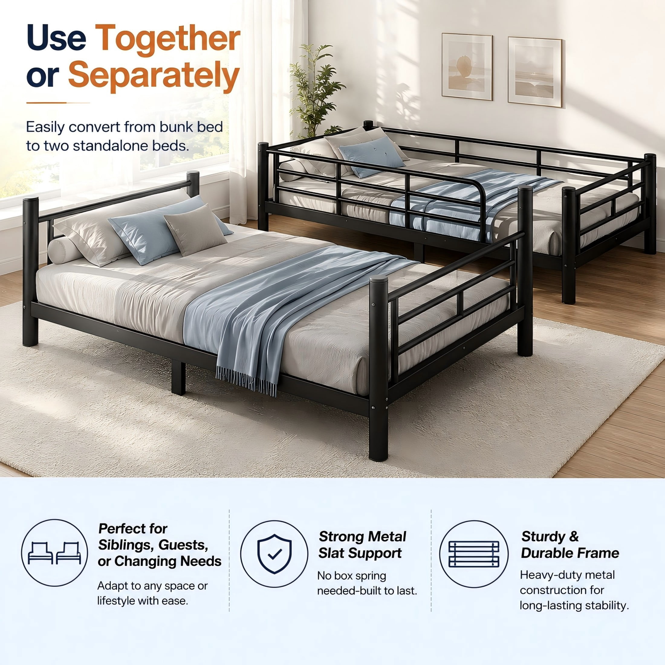 Aukfa Twin XL over Twin XL Metal Bunk Bed for Kids, Converts into Two Twin XL Beds, Round Tube Construction & Full-Length Guardrails, Black