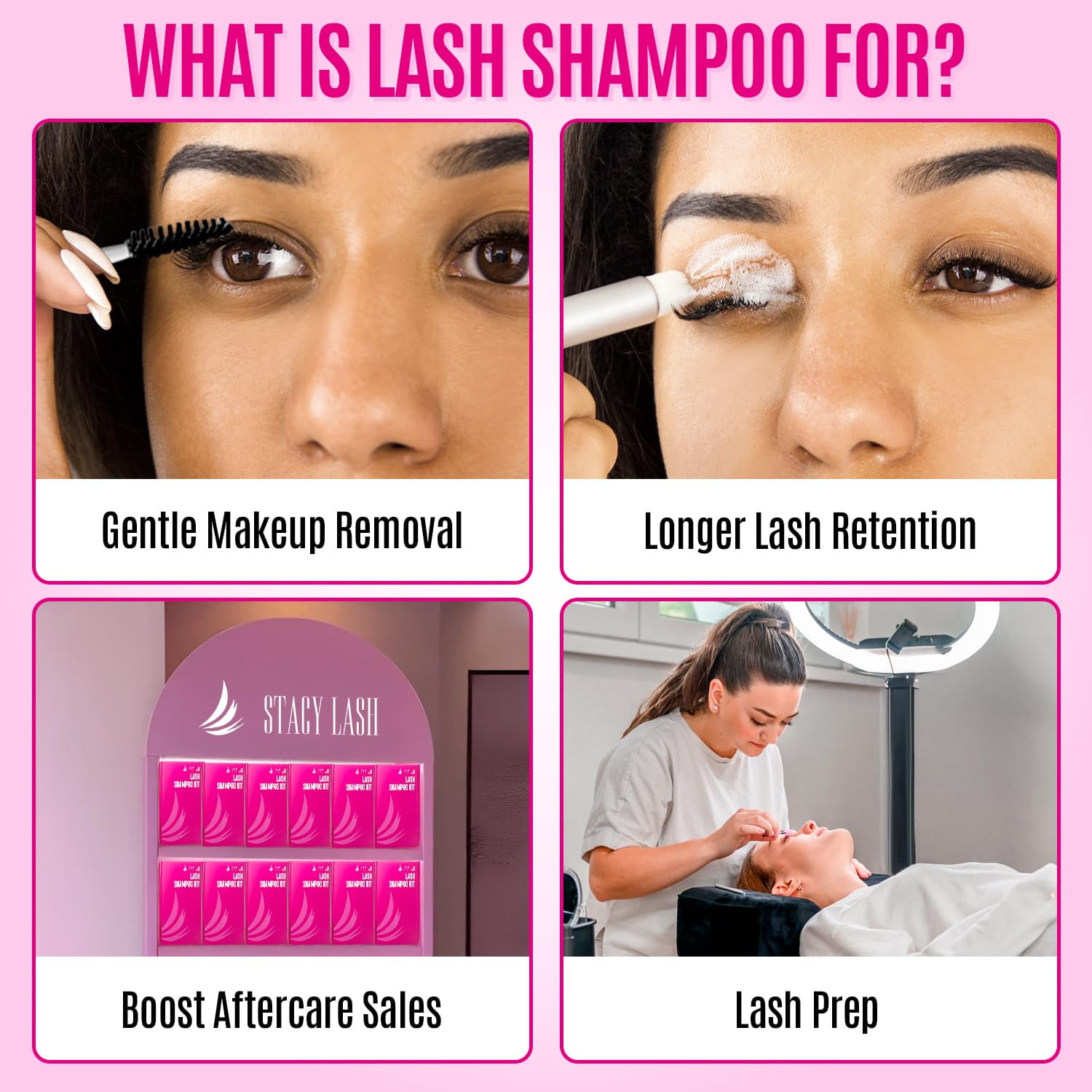 STACY LASH Lash Shampoo Kit Foaming Cleanser Eyelash Grooming Kit Includes Eye Lash Spoolies, Rinse Bottle, Cleansing Pad
